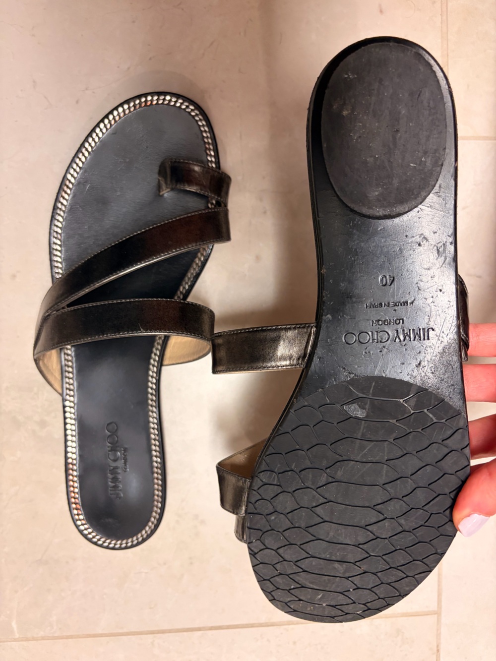 Jimmy Choo Metallic Black Strappy Slide Sandals size 40 (10 US)